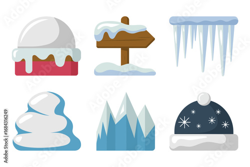 Snow mound and hat illustrations, icy mountain peaks, hanging icicles, frosty decoration elements, winter scene accessories