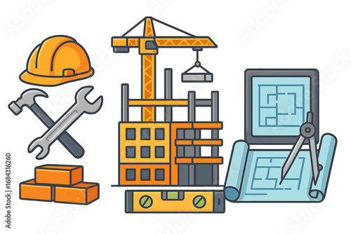 Modern Construction Elements with Tools, Technology, and Design Concepts, Creative Vector Cartoon Illustration Featuring Building, Blueprint, Crane, Helmet, and Engineering Instruments