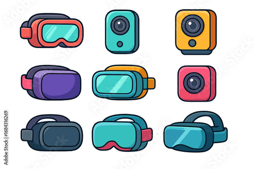 Collection of colorful virtual reality headsets and action camera designs in various shapes and styles arranged neatly in a grid layout, vector cartoon illustration for tech and VR concepts