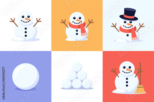 Playful snowman character illustrations, snowball pile and round snow spheres, winter fun elements, festive cold weather icons