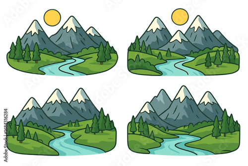 Serene Mountain Landscape Vector Illustration, Cartoon Style with Snowy Peaks, Flowing Rivers and Sunny Skies, Scenic Natural Views from Multiple Perspectives, Transparent Background