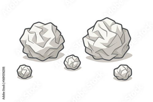 Set of crumpled paper balls. Waste paper, garbage, and trash concept. Mistake, brainstorming, and failed ideas in the office. Wrinkled document vector cartoon illustration.