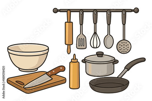 Vector set of kitchen utensils for cooking. Cartoon illustration of cookware icons. Culinary tools including pot, pan, knife, cutting board, bowl, whisk, and spatula.