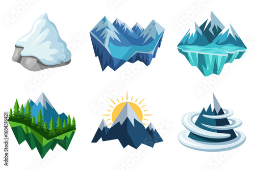 Icy peak glacier vector set, frozen iceberg illustrations, mountain sunrise, forest lake scenes, cold climate nature graphics