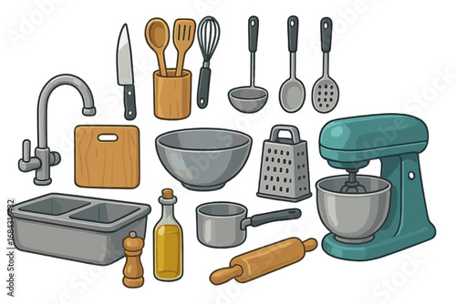 Set of kitchen utensils and cooking equipment for food preparation. Vector cartoon illustration of culinary tools, including mixer, bowl, knife, and rolling pin. Isolated icons.