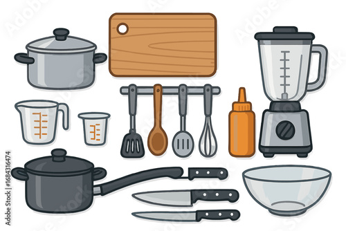 Vector set of kitchen utensils and cooking tools. Flat cartoon illustration of culinary equipment for food preparation. Cookware icons: pot, pan, knife, blender, bowl.