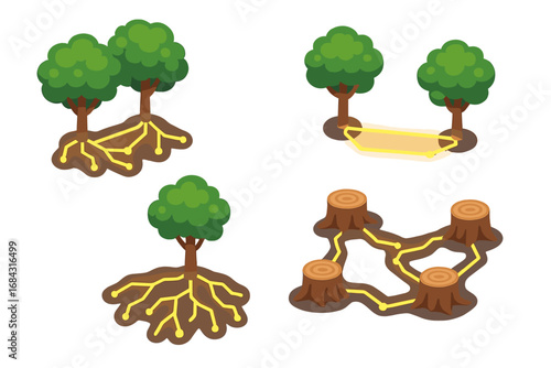Isometric Networked Tree Icons Set with Glowing Root Connections, Communication and Root Network Concept, Vector Cartoon Illustration of Connected Tree Trunks and Stumps