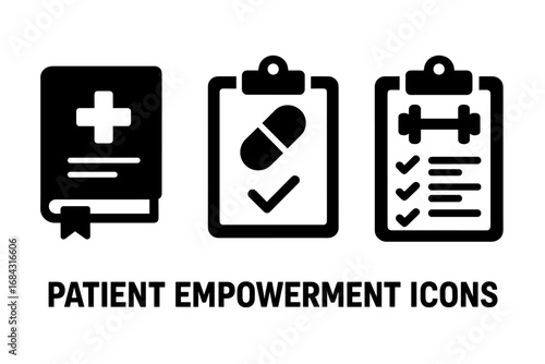 Solid Patient Empowerment Icons Set, Vector Vector Health Journal, Medication Schedule, Fitness Plan Checklist, Medical Tools, Health Management Symbols, Cartoon Style