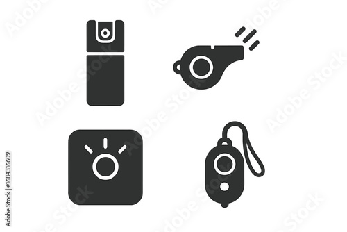 Personal Safety Icons Solid Filled Vector Set of Personal Safety Devices Including Pepper Spray, Whistle, Panic Button, Personal Alarm, Security Tools Cartoon Illustration