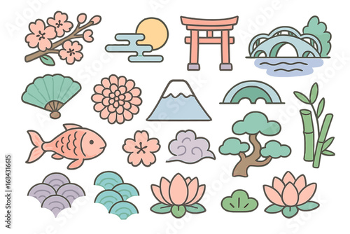 Japanese cultural elements set. Cute cartoon vector icons of Japan. Sakura, Fuji, torii gate, koi fish, bonsai, fan, lotus. Pastel color nature and traditional symbols.