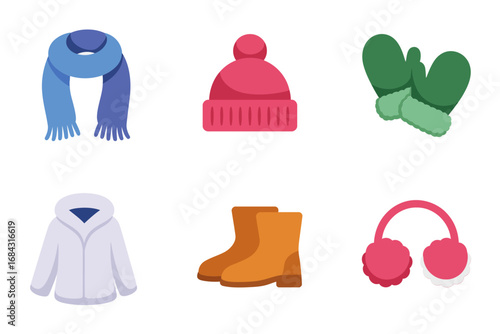 Cozy winter apparel illustrations, knit beanie, wool scarf, insulated boots, fuzzy earmuffs, down jacket, cold season accessories
