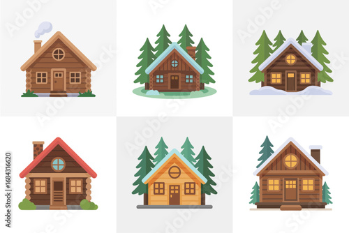 Cozy wooden cabin illustration set, log chalet houses with chimneys, pine tree surroundings, snowy seasonal lodge exteriors