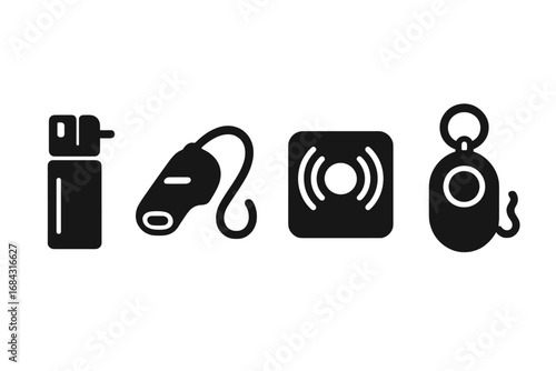 Personal safety icons set with pepper spray, whistle, panic button, and personal alarm, solid filled vector illustration, security protection, emergency alert, self-defense devices