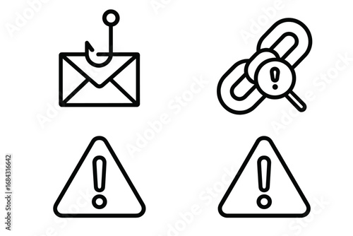 Phishing Detection Icon Set, Outline Style with Email Hook, Suspicious Link Chain, Warning Triangles, Cybersecurity and Fraud Protection Vector Clipart