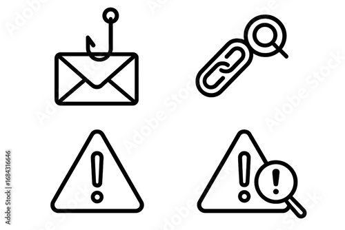 Phishing detection icons set, outline style. Includes phishing email hook, suspicious envelope, link chain with magnifying glass, warning triangle with exclamation, vector security symbols.