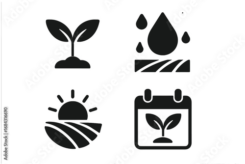 Planting season icons set, solid filled vector symbols including seedling sprout, rain droplets over soil, sunrise over agricultural field, planting calendar, agricultural growth concept