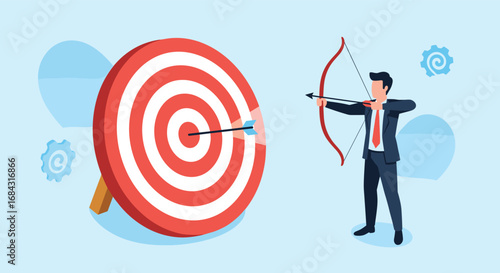 Ambitious businessman hitting bullseye with arrow, achieving business goals with precision and focus.