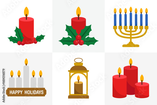 Holiday candle and holly arrangement vector illustrations, pillar candles, menorah, lantern, festive centerpiece, warm seasonal glow, cozy winter decor