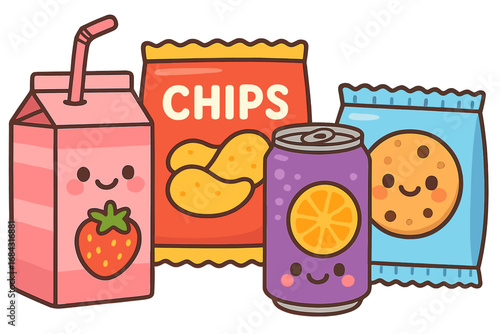 Cute kawaii cartoon snacks and drinks characters set. A collection of happy junk food mascots like chips, soda, juice and cookies. Isolated vector illustration for kids menu.