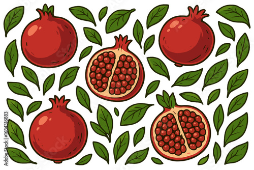 Seamless pomegranate fruit and green leaf pattern design, vibrant vector cartoon illustration of botanical elements, fresh tropical fruit aesthetics with transparent background, vector seamless set