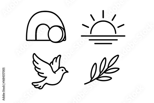 Redemption and Hope Symbols Icon Set, Outline Vector Collection Featuring Empty Tomb, Rising Sun, White Dove, Olive Branch, Spiritual and Peaceful Symbols for Faith and Renewal
