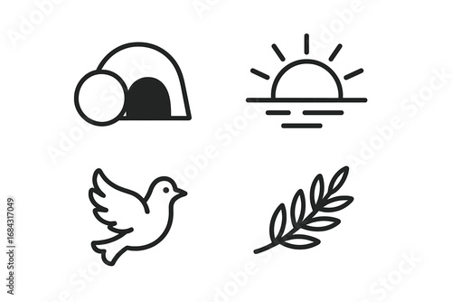 Redemption symbols icon set including outline vector illustrations of empty tomb, rising sun, white dove, olive branch, representing hope, peace, resurrection, and renewal concepts