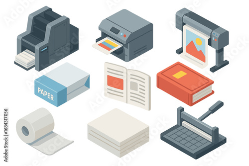 Isometric Printing and Publishing Icons Set – 3D Industrial Paper Processing Symbols Vector Cartoon Illustration with Transparent Background, Organized Graphic Design Elements