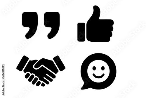 Respect Icons Grid Solid Filled Vector Set with Quotation Marks, Thumbs Up, Handshake, Smiley Face Speech Bubble, and Positive Communication Symbols for Business and Social Interaction