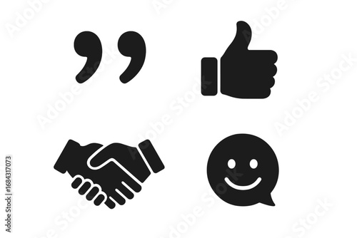 Respect Icons Grid Solid Filled Vector Set with Quotation Marks, Thumbs Up, Handshake, Smiley Face, and Speech Bubble Cartoon Illustration for Communication and Social Interaction