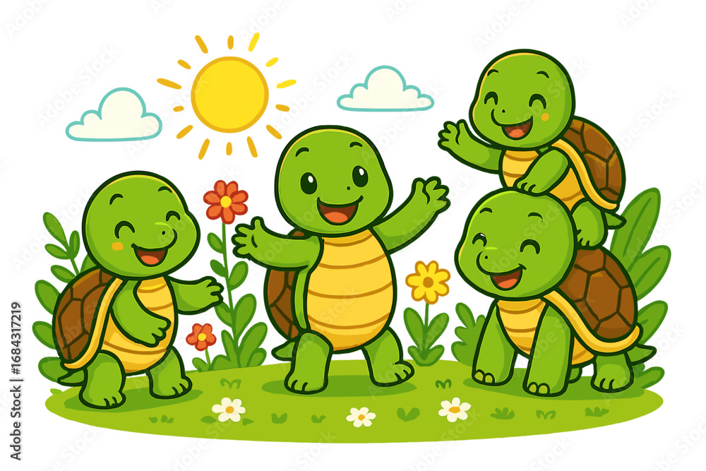 Obraz premium Cute cartoon turtle characters play together. Happy tortoise friends in nature. Cheerful reptile mascot family enjoying a sunny summer day. Kawaii animal friendship and joy concept.