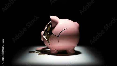 A shattered pink piggy bank filled with coins on a dark background