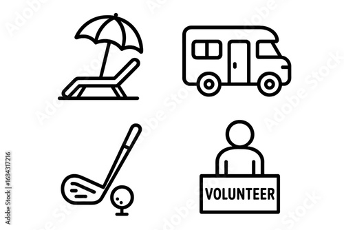 Retirement lifestyle icon set with outline beach lounger umbrella, RV camper van, golf club and ball, volunteer sign - vector cartoon illustration collection
