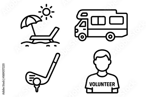 Retirement lifestyle icons grid with outline style, featuring beach lounger with umbrella under sun, RV camper van, golf club with ball, volunteer person silhouette, vector cartoon illustration