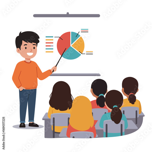Teacher presenting pie chart to students