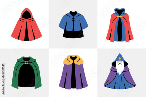 Hooded cloak and wizard cape vector set, mystic robes, embroidered hems, magical costume accessories, flowing fabric, fantasy character wardrobe elements