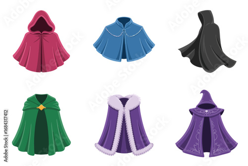 Ceremonial robe and cape vector illustrations, velvet cloaks, ornate buttons, fur collars, priestly mantles, royal procession garments, historical costume elements