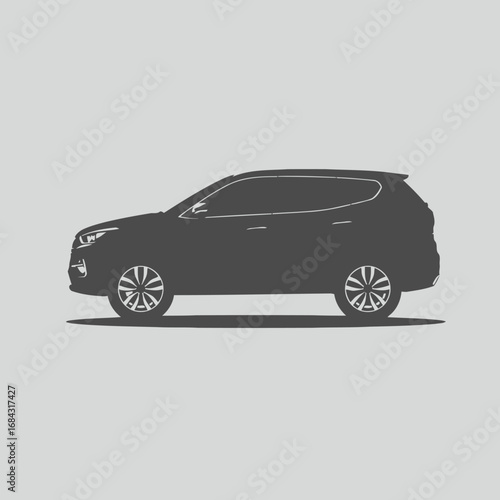Silhouette of a dark gray SUV car on a light gray background, side view.