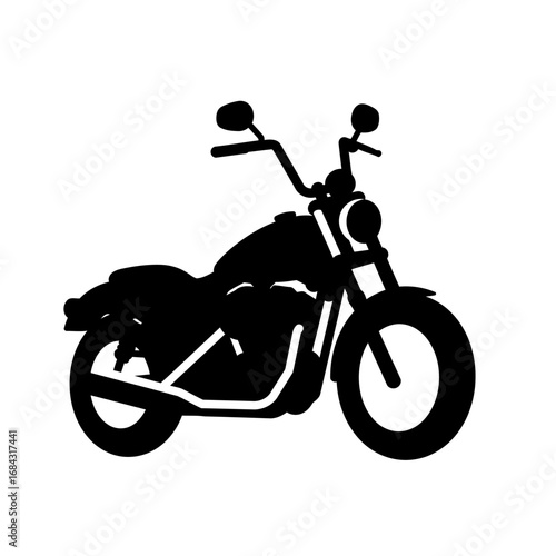 A black silhouette of a cruiser motorcycle, viewed from the side, against a white background.