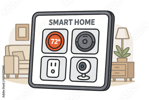 Smart home devices display showing thermostat, robot vacuum, smart plug, and security camera in modern living room, vector cartoon illustration, smart technology concepts