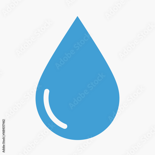 Blue water drop with white highlight on a white background.