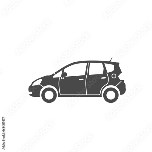 A simple black silhouette icon of a modern hatchback car, viewed from the side, isolated on a white background.