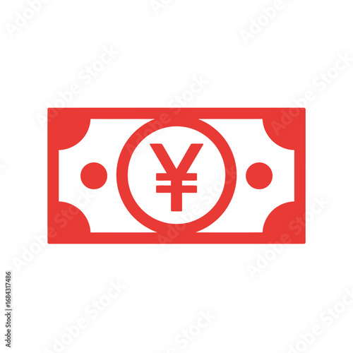A red and white illustration of a Japanese Yen banknote with the currency symbol prominently displayed.