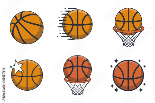 Basketball icon collection vector illustrations, flying balls, hoop targets, scoring shots, competitive team sport symbols, athletic activity design, fast movement graphics