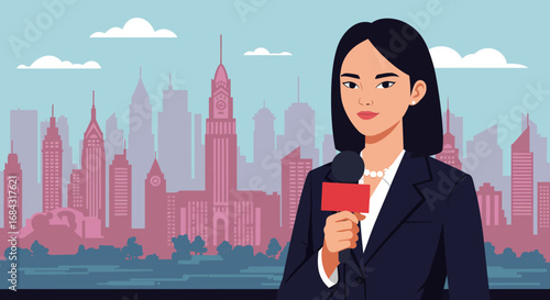 Female News Reporter Holding Microphone in City.