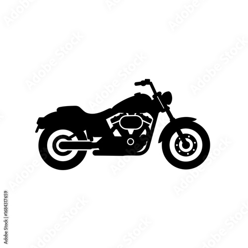 A black silhouette of a cruiser motorcycle with a detailed engine and chrome accents.