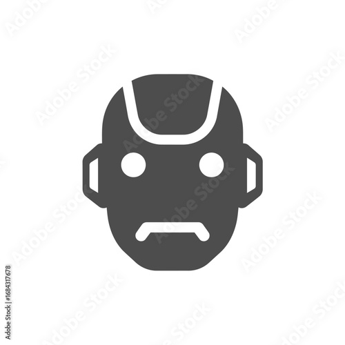 A minimalist illustration of a robot's head, featuring a simple design with a serious expression.