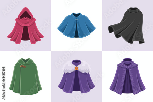 Fantasy cloak collection vector illustrations, hooded robes, royal mantles, velvet textures, flowing capes, ornate clasps, medieval costume design, cosplay attire