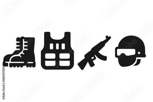 Soldier gear icons solid filled vector set tactical combat boots bulletproof vest rifle helmet with visor military equipment silhouette cartoon illustration