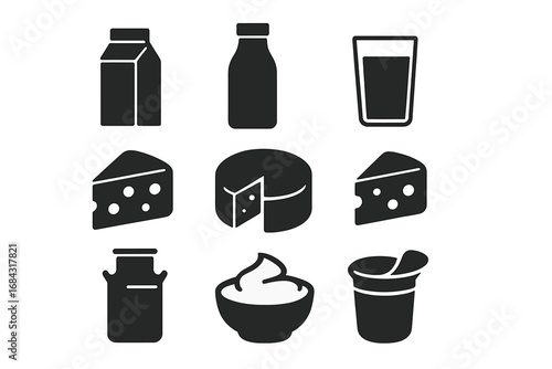 Dairy product silhouette icons set. Milk and cheese solid glyph symbols. Vector collection of food pictograms like yogurt, cream, butter, and farm milk can. Flat design.