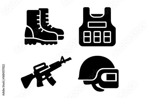 Solid soldier gear icons set with combat boots, tactical vest, rifle, and helmet with visor, vector cartoon illustration of military accessories and combat equipment